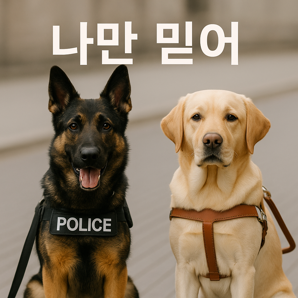경찰견 세퍼트와 시각장애견 리트리버가 나란히 앉아있는 사진