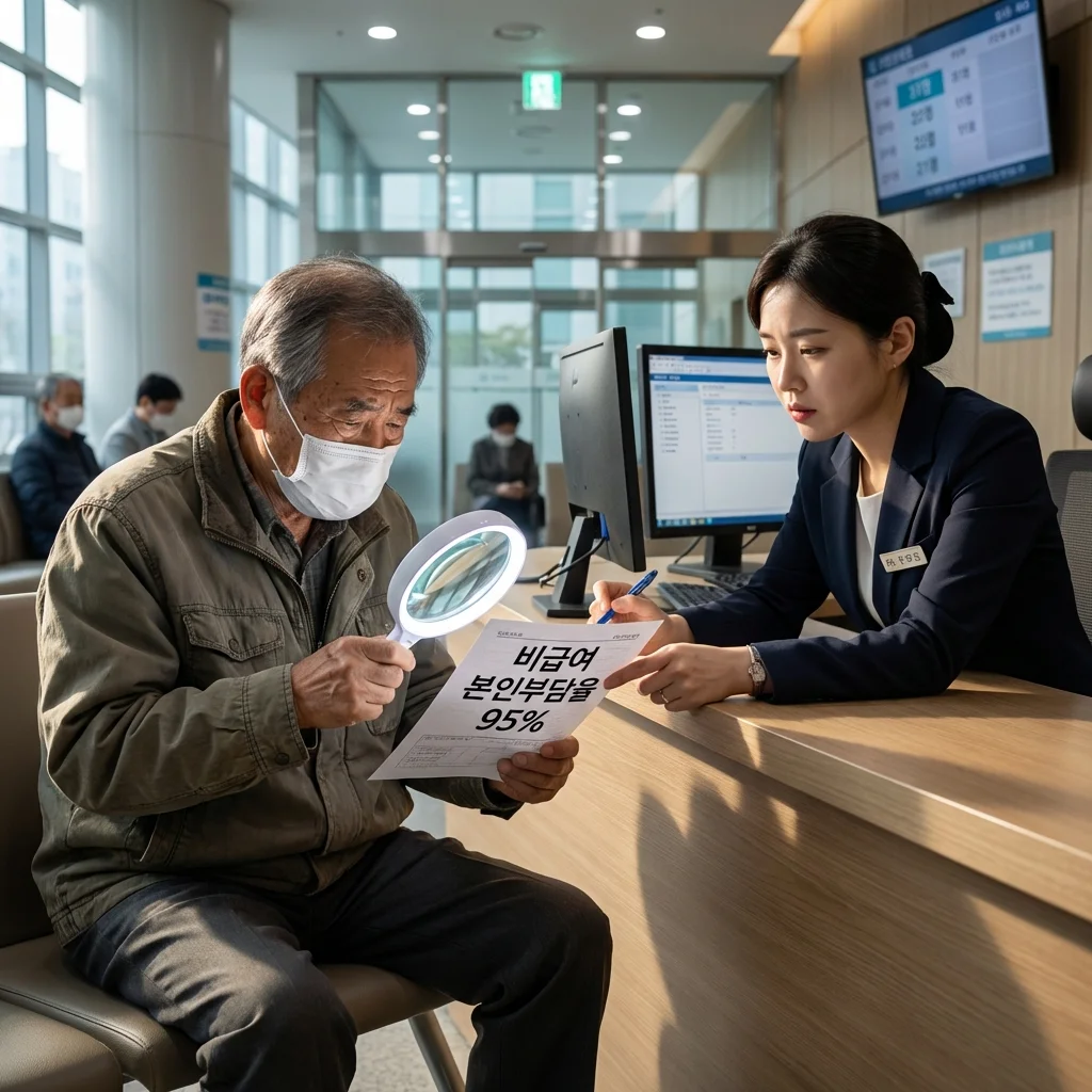 2026년 2월 19일 시행된 관리급여 정책으로 인해 도수치료 진료비 영수증을 확인하며 걱정하는 환자와 이를 설명하는 병원 관계자의 모습
