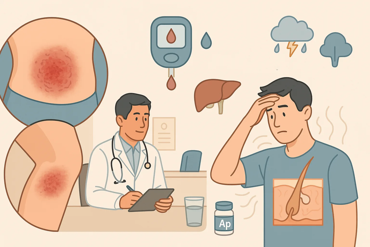 사타구니 완선(무좀)으로 붉고 각질이 생긴 피부 확대, 박테리아 감염으로 진물과 냄새가 나는 피부염, 피부과 진료 장면, 당뇨병·간 기능 저하 등 전신 질환과 체취 연관성 인포그래픽, 스트레스와 불안으로 아포크린선 분비가 증가하는 그래픽