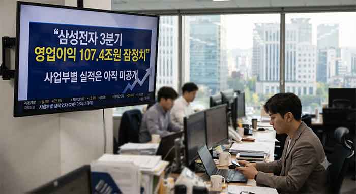 실적 뉴스가 나오는 사무실 풍경.