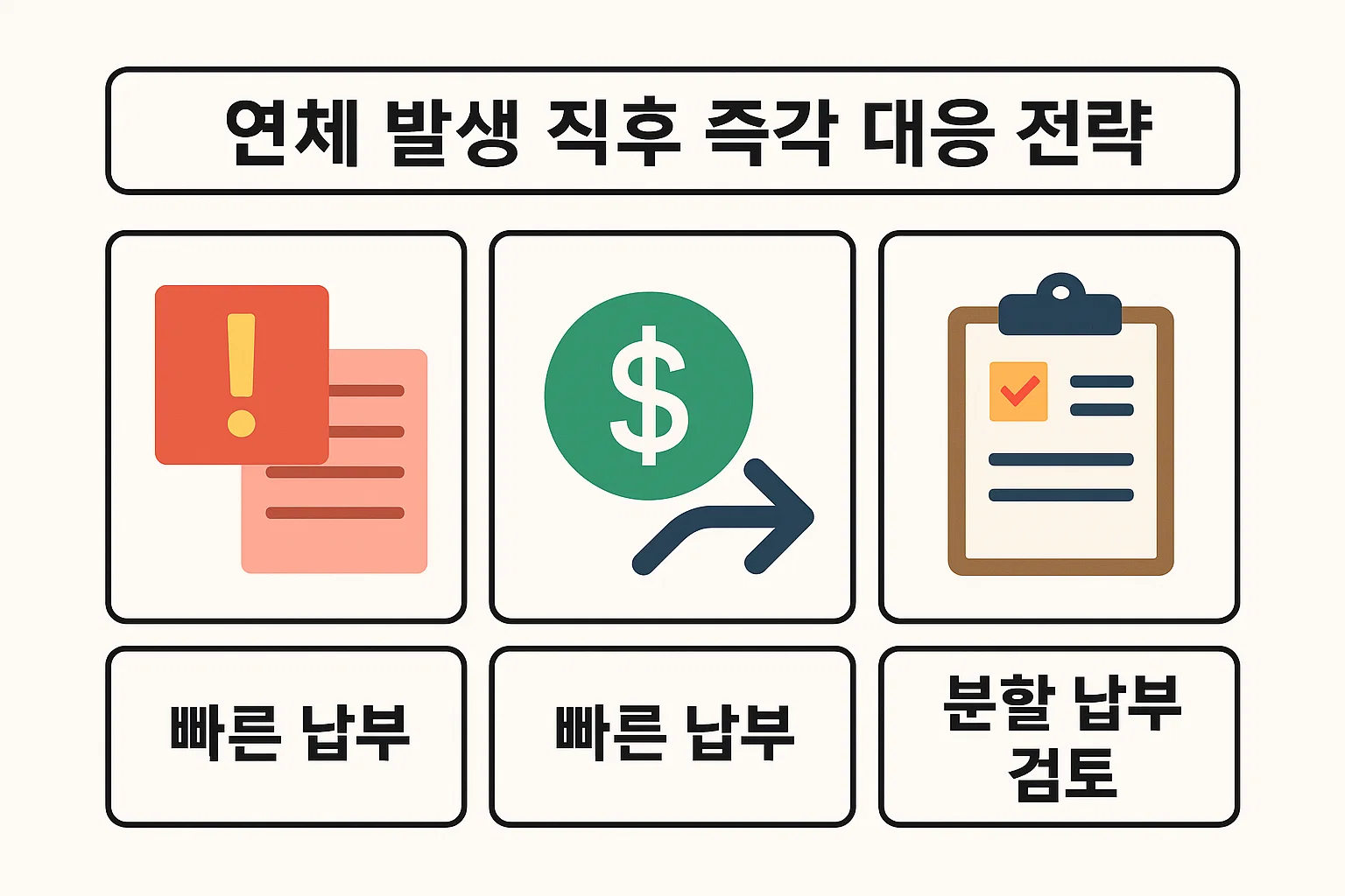 신용카드 연체 발생 시 빠른 납부와 분할 납부 검토 등 불이익 최소화를 위한 즉각 대응 전략을 정리한 실전 인포그래픽