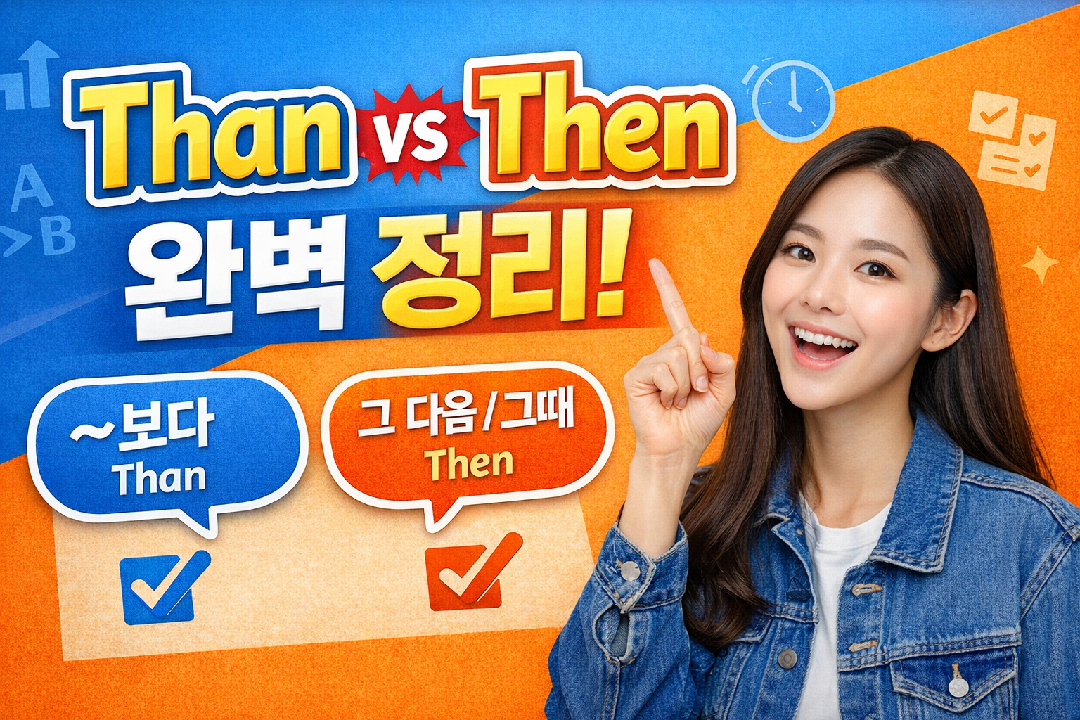 여성이 손가락으로 문구를 가리키고 있음. Than vs Then 완벽 정리! ~보자 Than, 그 다음/그때 Then