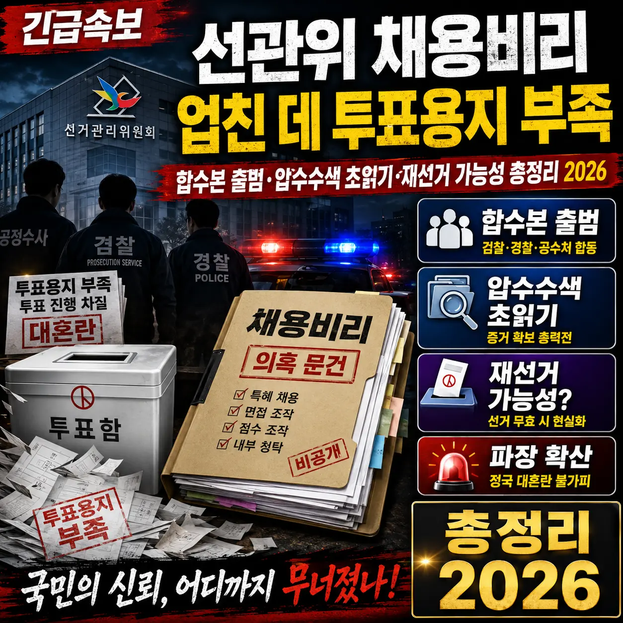 선관위 채용비리 업친 데 투표용지 부족 &mdash; 합수본 출범&middot;압수수색 초읽기&middot;재선거 가능성 총정리 2026