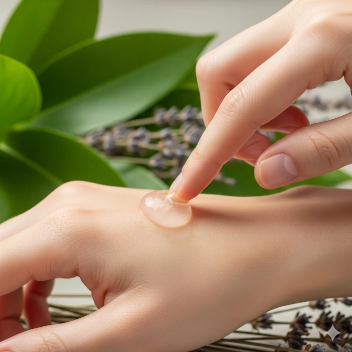 라벤더와 녹색 잎이 배경으로 보이는 가운데, 손이 피부에 알로에 베라 같은 투명한 젤을 부드럽게 바르고 있습니다.