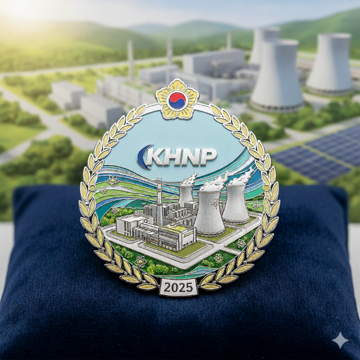 정부 기관 로고와 원자력 시설을 배경으로 한 기념 배지 이미지