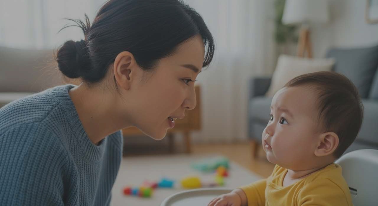 눈을 맞추고 천천히 말하는 것이 아기 언어 자극에 중요하다. [ⓒ이달의건강]