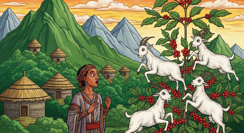 에티오피아의 염소지기 칼디가 커피를 발견하는 전설적인 순간을 묘사한 삽화. 활기찬 염소들과 놀라는 칼디의 모습이 인상적.