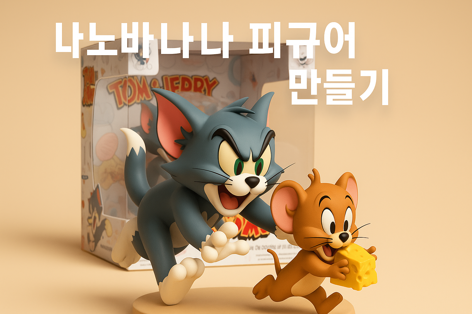입체적인 피규어 형태로 표현된 톰과 제리 캐릭터 이미지. 나노바나나 스타일처럼 실제 박스에 들어 있는 디지털 피규어 형태