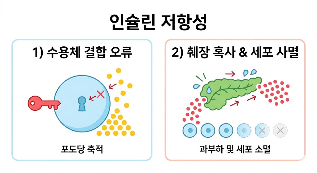 인슐린 저항성 기전을 시각화한 그림입니다. 왼쪽에는 열쇠가 맞지 않아 포도당이 세포 밖으로 쌓이는 수용체 결합 오류를 묘사했고, 오른쪽은 지친 췌장이 인슐린을 쥐어짜며 베타세포가 점차 사라지는 과부하 상황을 평면적인 디자인으로 아주 간결하게 표현했습니다.