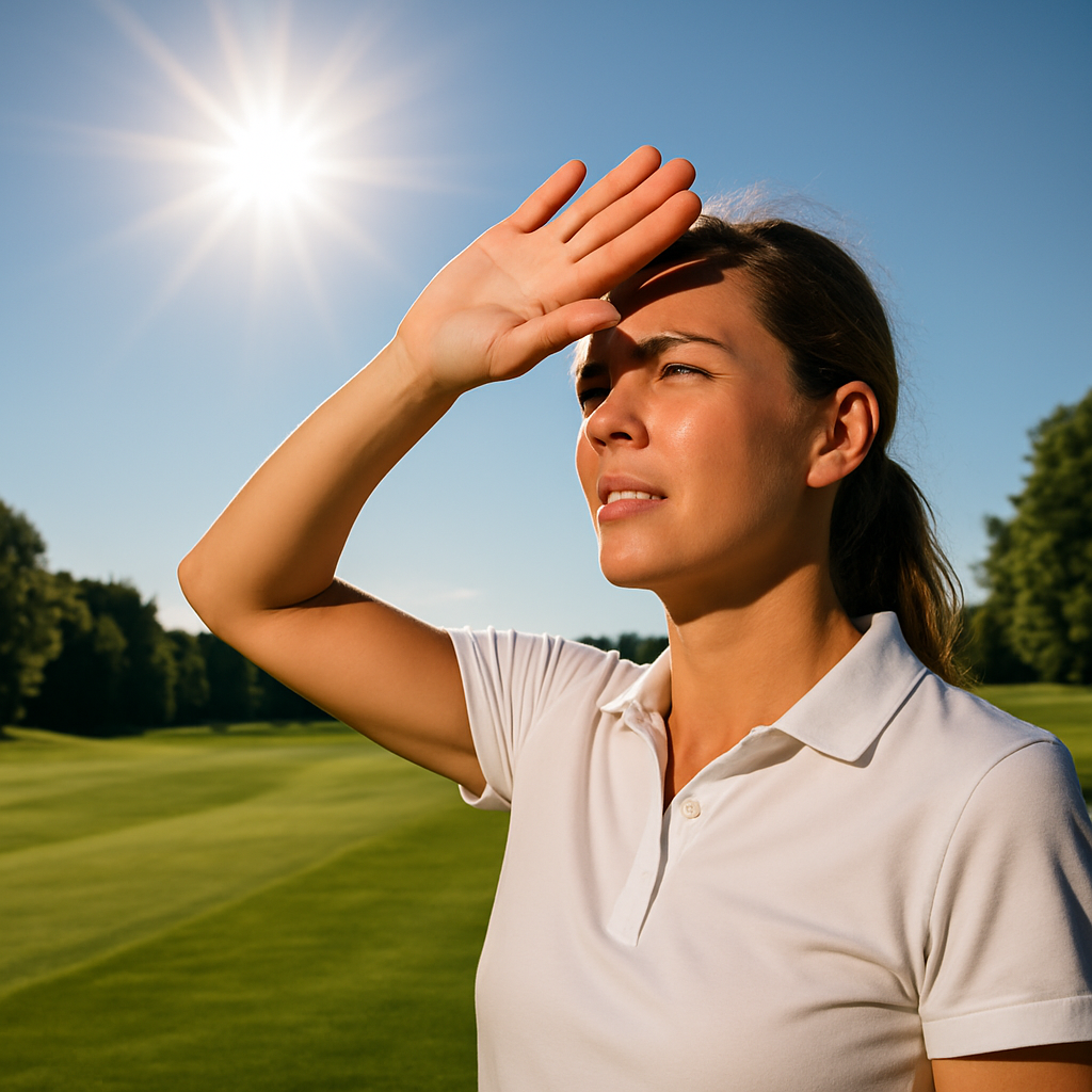 야외에서 강력한 자외선을 손으로 얼굴을 가리고 있는 이미지