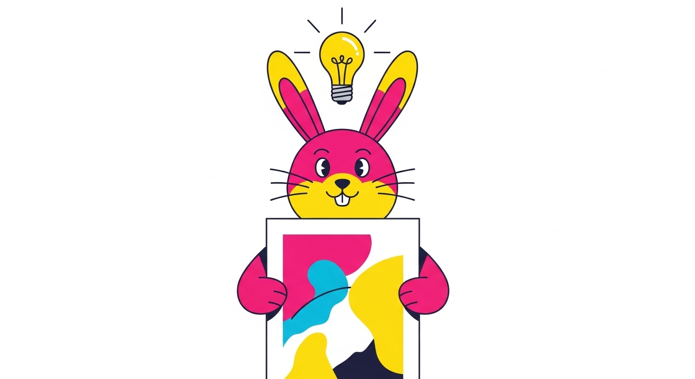 창의적인 아이디어가 떠올라 화려한 포스터를 디자인하는 열정적인 토끼 캐릭터 일러스트