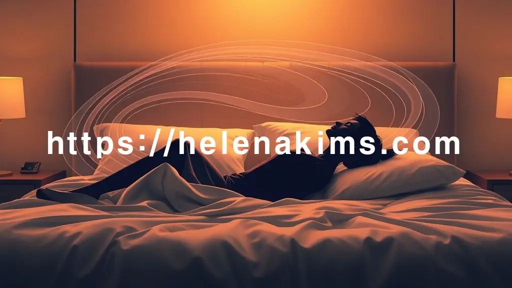 침대 위에 누워 고개를 천천히 좌우로 움직이는 여성이 누워있고, 움직이는 머리 주위에는 빙글빙글 도는 듯한 혼란스러운 시야를 나타내는 부드러운 회전 패턴을 표현한 그래픽 이미지.