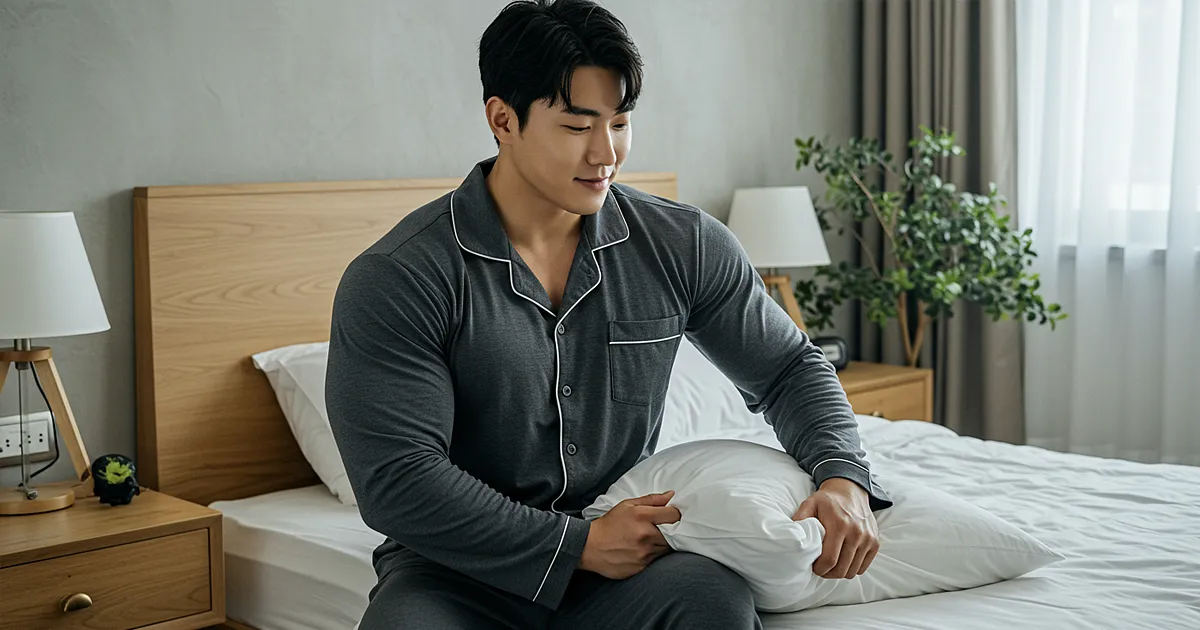 회색 파자마를 입은 남성이 침대에서 베개를 정리하며 미소 짓는 장면