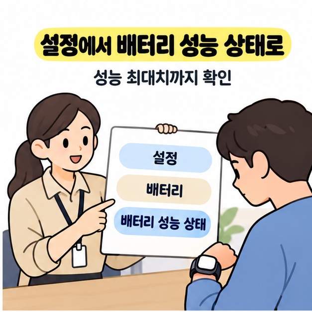 설정과 배터리 및 배터리 성능 상태가 적힌 안내판을 여성이 보여주고 사용자가 워치를 살펴보는 모습
