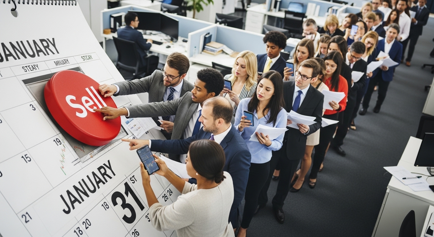 A giant Sell Button placed on the date January 31st on a calendar, with people lining up to press it.