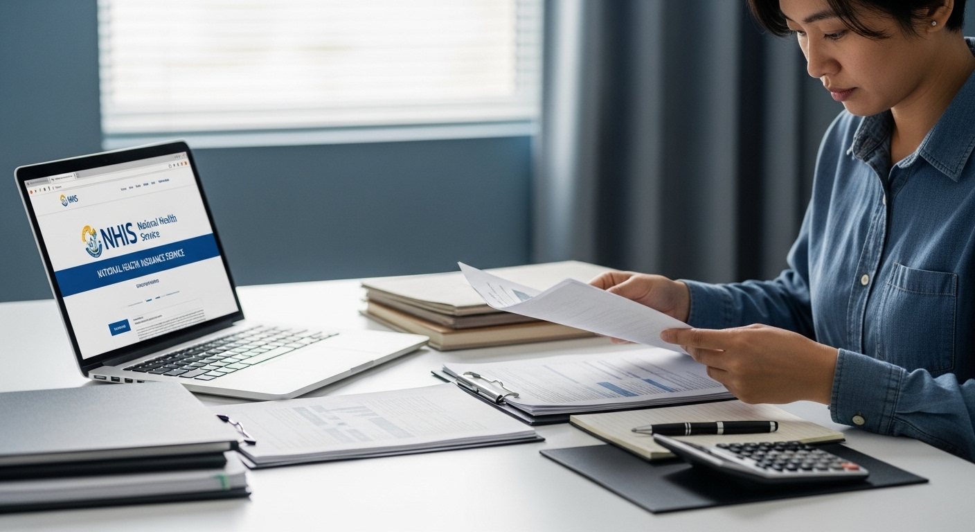건강보험료 조정을 위해 금융소득 증빙 서류를 꼼꼼하게 정리하며 온라인 신청을 준비하는 모습.