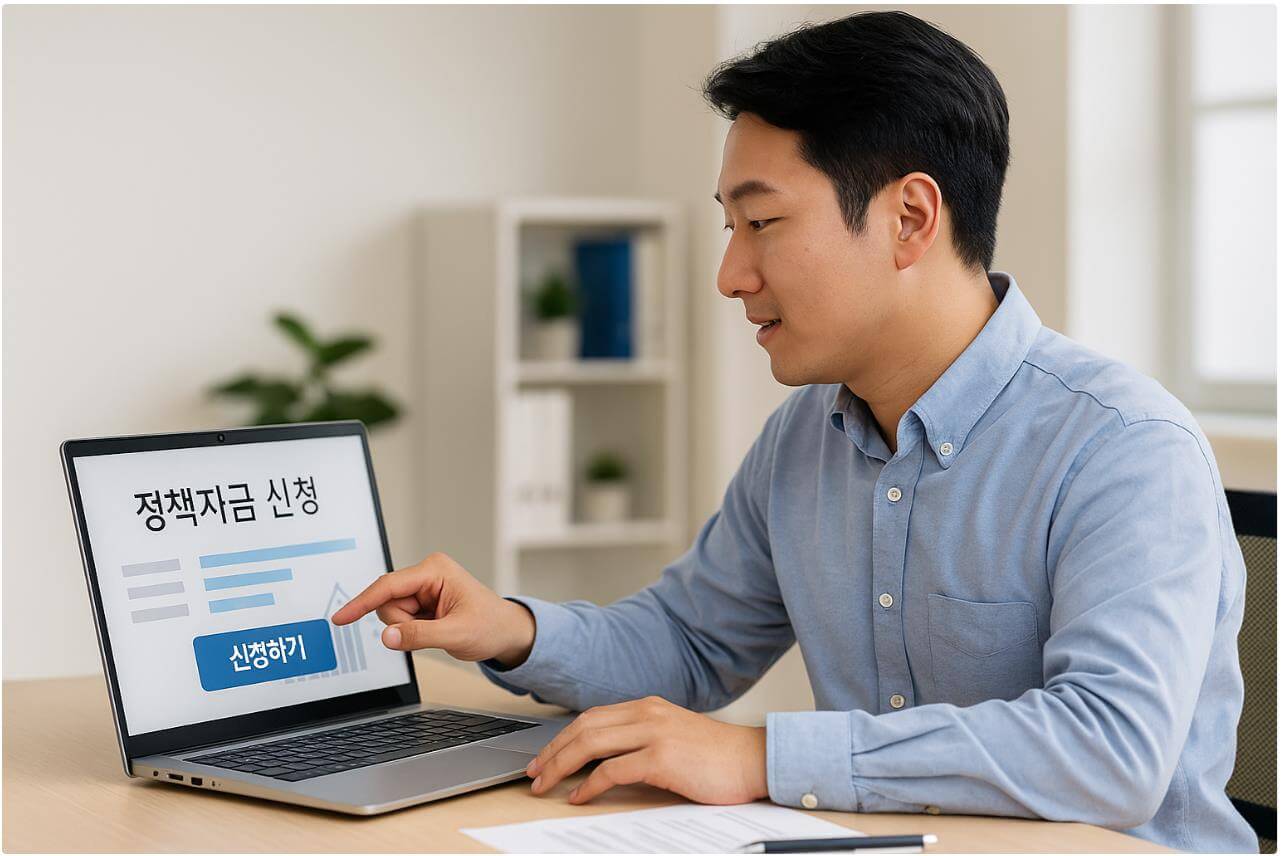 정책자금 신청 페이지에서 버튼을 누르는 사업자 모습