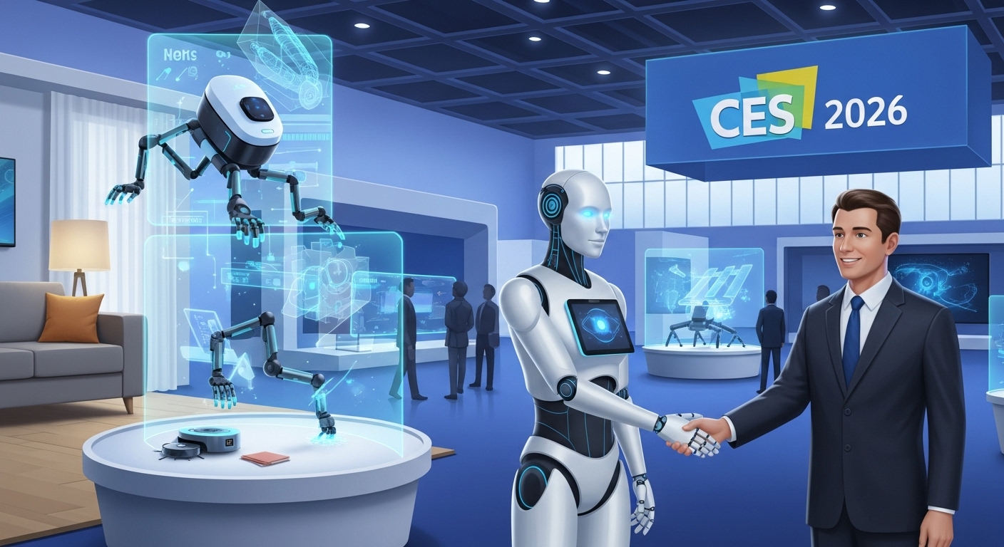 Illustration of a futuristic scene at CES 2026 where a humanoid robot shakes hands with a person and a home robot helps with housework.