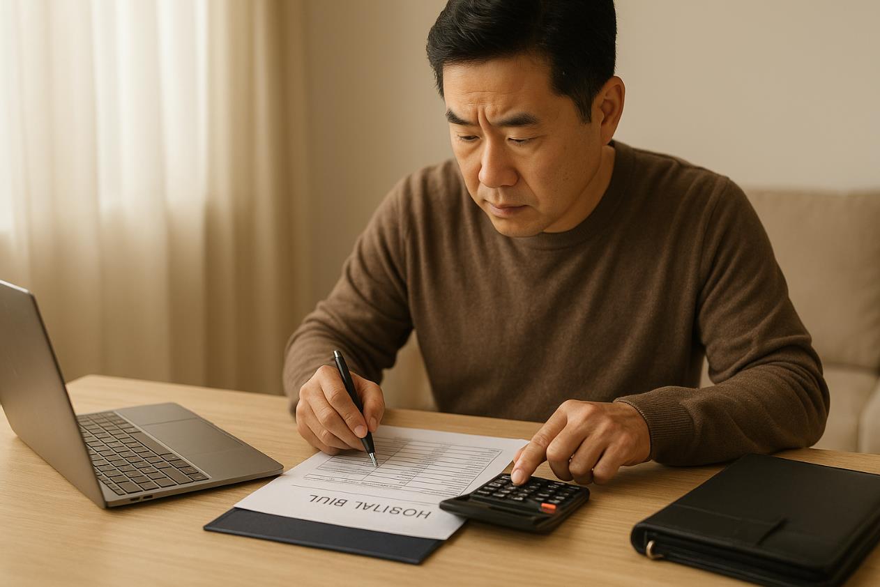 계산기를 두드리며 요양병원비 내역을 정리하는 40대 보호자