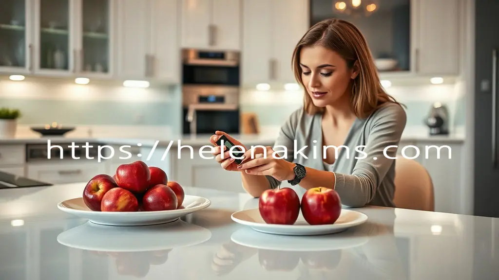 깨끗한 주방 식탁 위에 빨간 사과가 놓여 있고 그 옆에서 한 여성이 혈당을 체크하고 있는 모습.