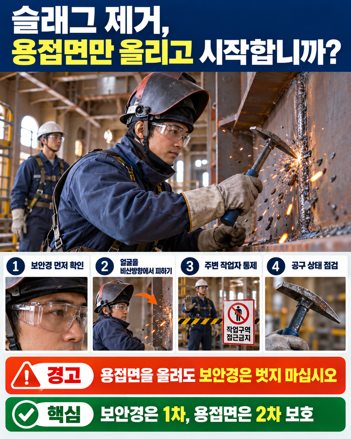 조선소 용접작업자가 보안경을 착용하고 슬래그해머로 비드를 청소하는 안전수칙