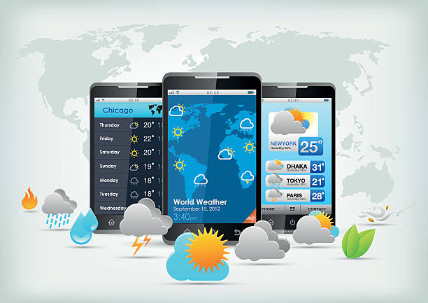 자료 출처: Microsoft Bing 검색 결과 재구성 
스마트폰 화면에 날씨, 지도, 달력 앱 아이콘이 모여있는 모습. 세계 각국의 날씨와 시차 차이를 한눈에 볼 수 있습니다.
