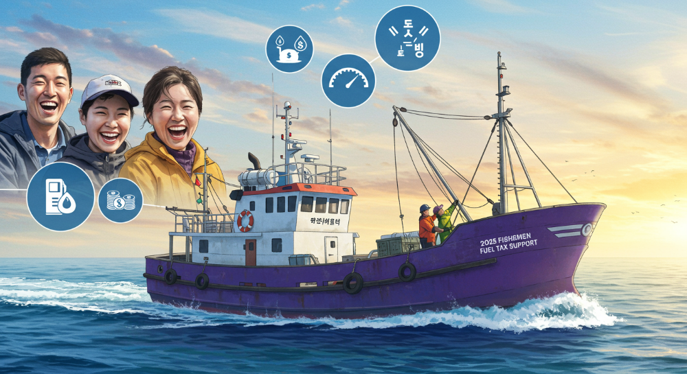 2025년 어업인 유류세 지원 정책을 상징하는 해양 일러스트레이션. 어선과 유류 지원 아이콘, 환하게 웃는 어업인들이 보인다.