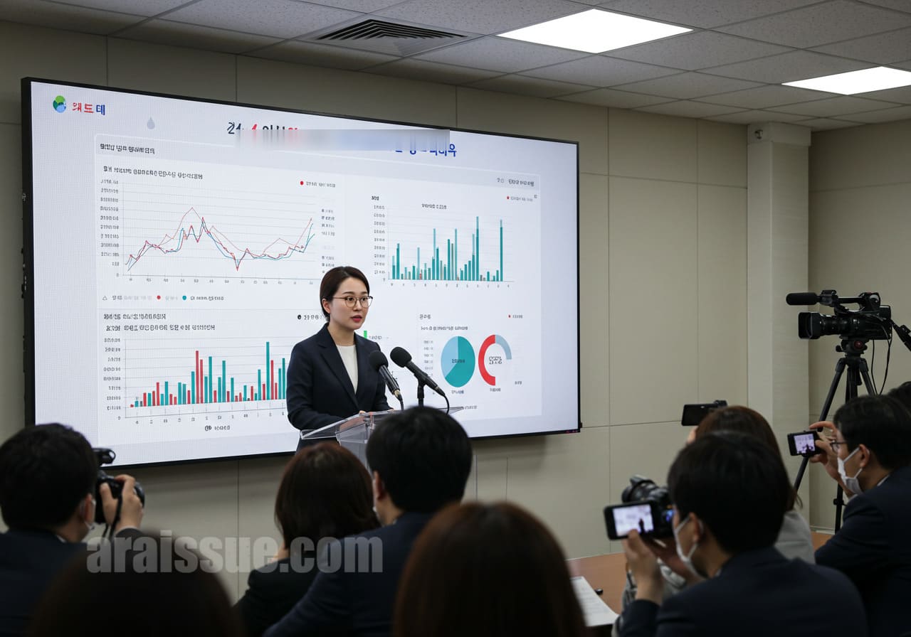보건복지부 관계자가 통계 자료와 향후 계획을 발표하고 있는 장면으로, 정부 정책의 흐름과 정보 전달의 현실감을 보여줍니다.