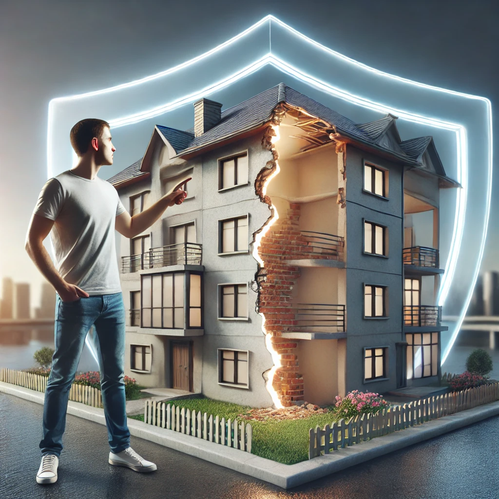 아파트 입주 후 건설결함 발견 상황을 시각화한 이미지로, 실내 누수와 주민 반응을 보여줌