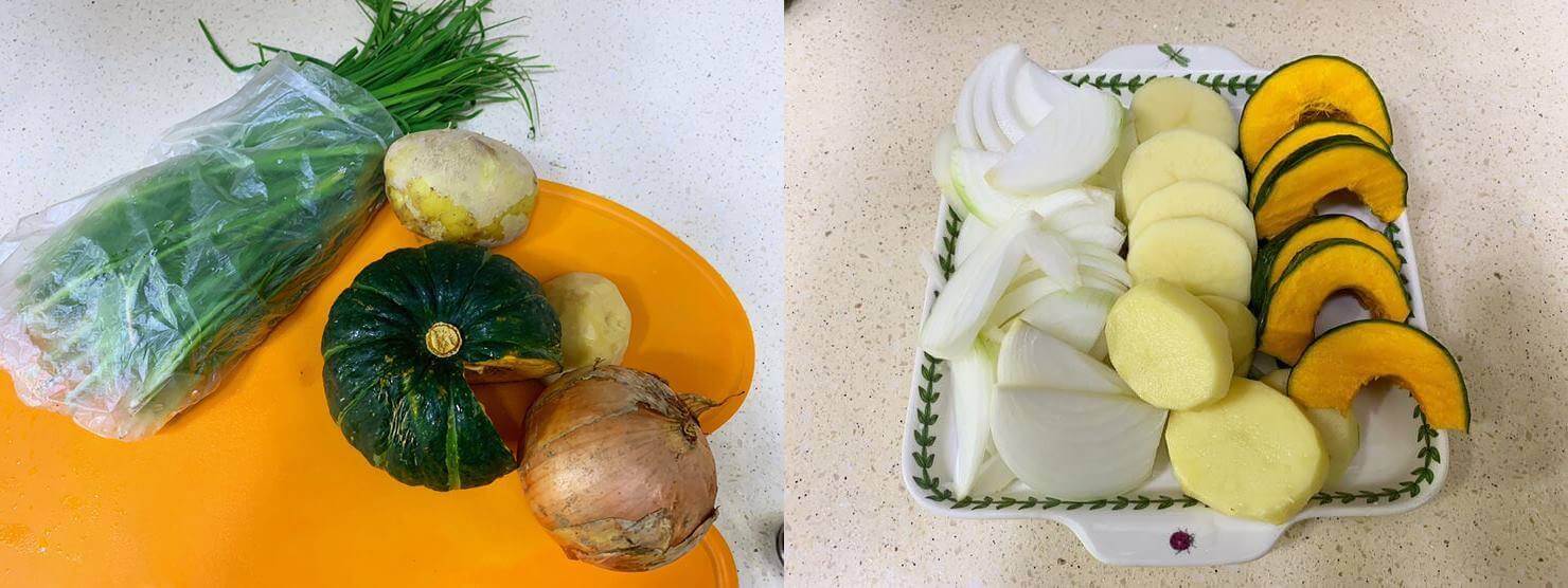 왼쪽 사진은 주황색 도마 위에 봉지에 담긴 부추 한단, 감자, 단호박, 양파(왼쪽부터)가 있다.
오른 쪽에는 네모 접시 위에 체 썬 양파, 납작하게 썬 감자, 단호박이 왼쪽부터 차례로 놓여있다.