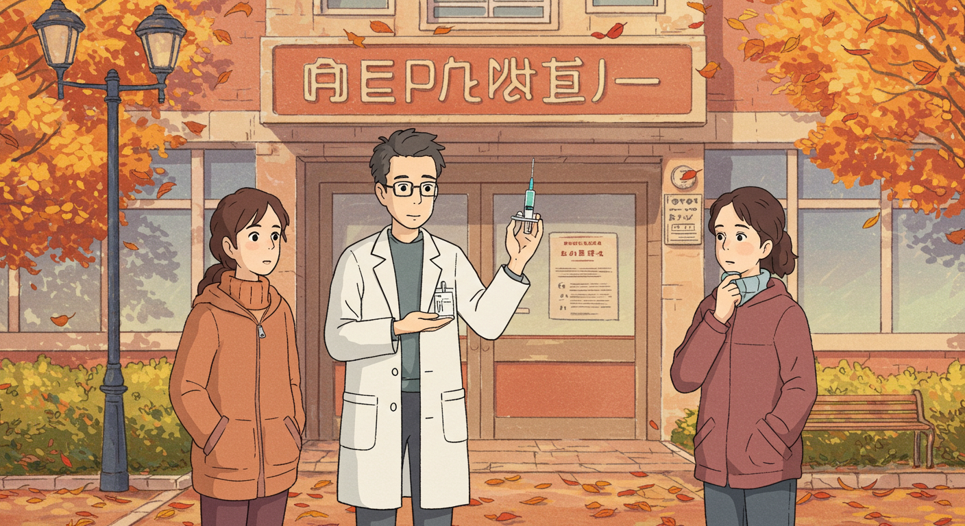 병원 앞에서 독감백신에 대해 설명하는 의사와 환자