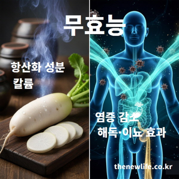 항산화 성분과 칼륨이 몸속 염증을 완화하고 나트륨 배출 및 해독을 돕는 무 효능 인포그래픽 이미지