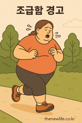 과체중 여성이 무리하게 달리기를 하며 힘들어하는 모습 – 뱃살 빼는 운동 초반에 무리하지 말라는 경고 메시지