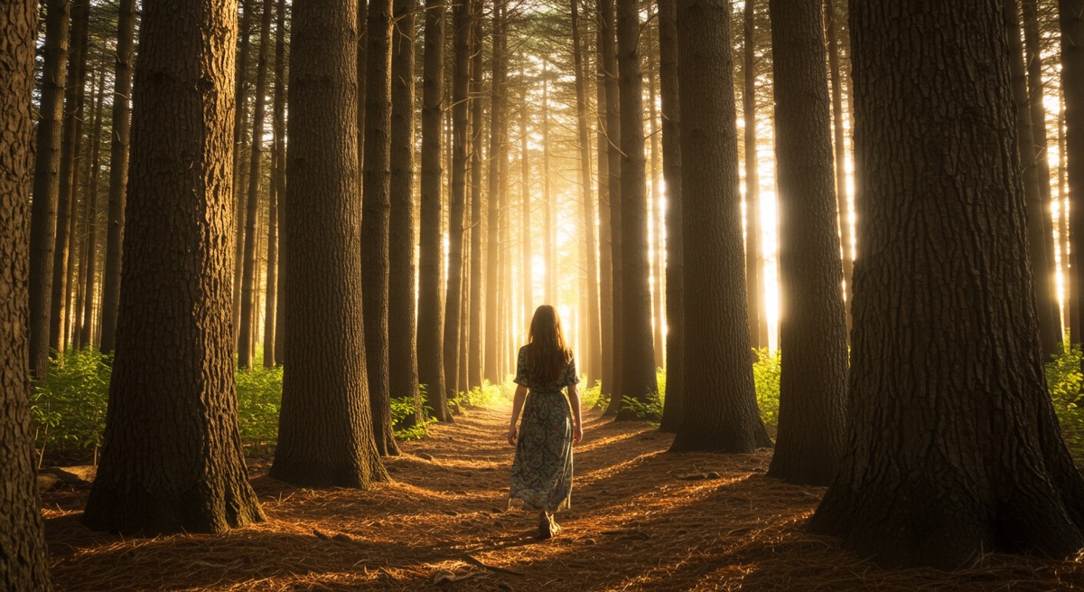 피톤치드가 가득한 잣나무 숲길을 한 사람이 편안하게 산책하고 있는 모습