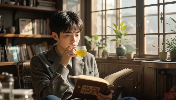 녹차를 마시며 휴식을 취하는 중년 한국 남성