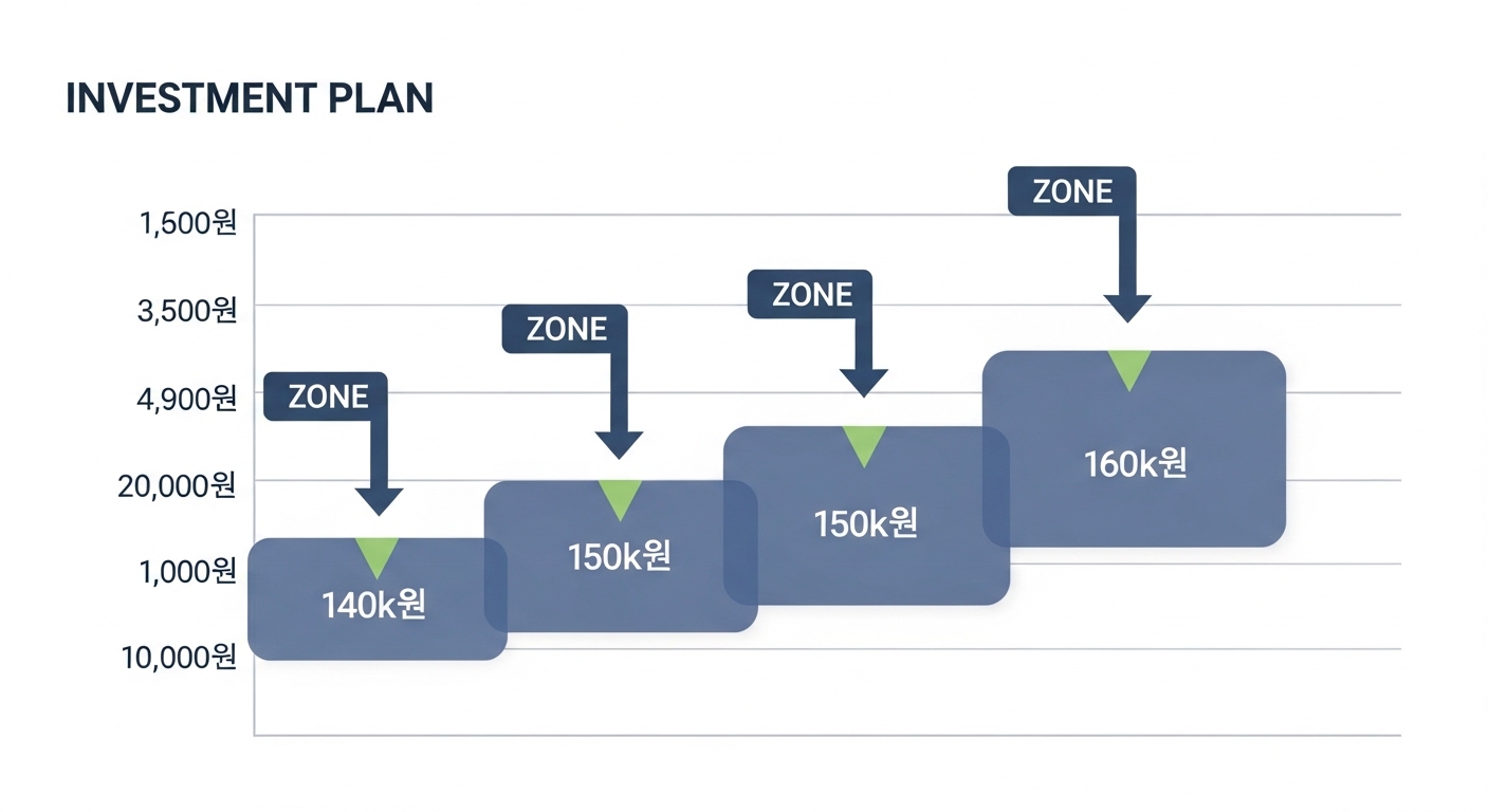Step-by-step buying strategy diagram with arrows marking 140k, 150k, and 160k won zones on an investment plan chart.