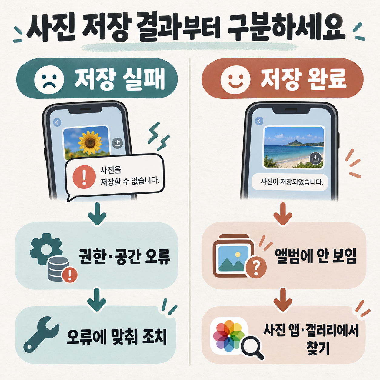 사진 저장 실패와 저장 완료 후 앨범 찾기의 차이