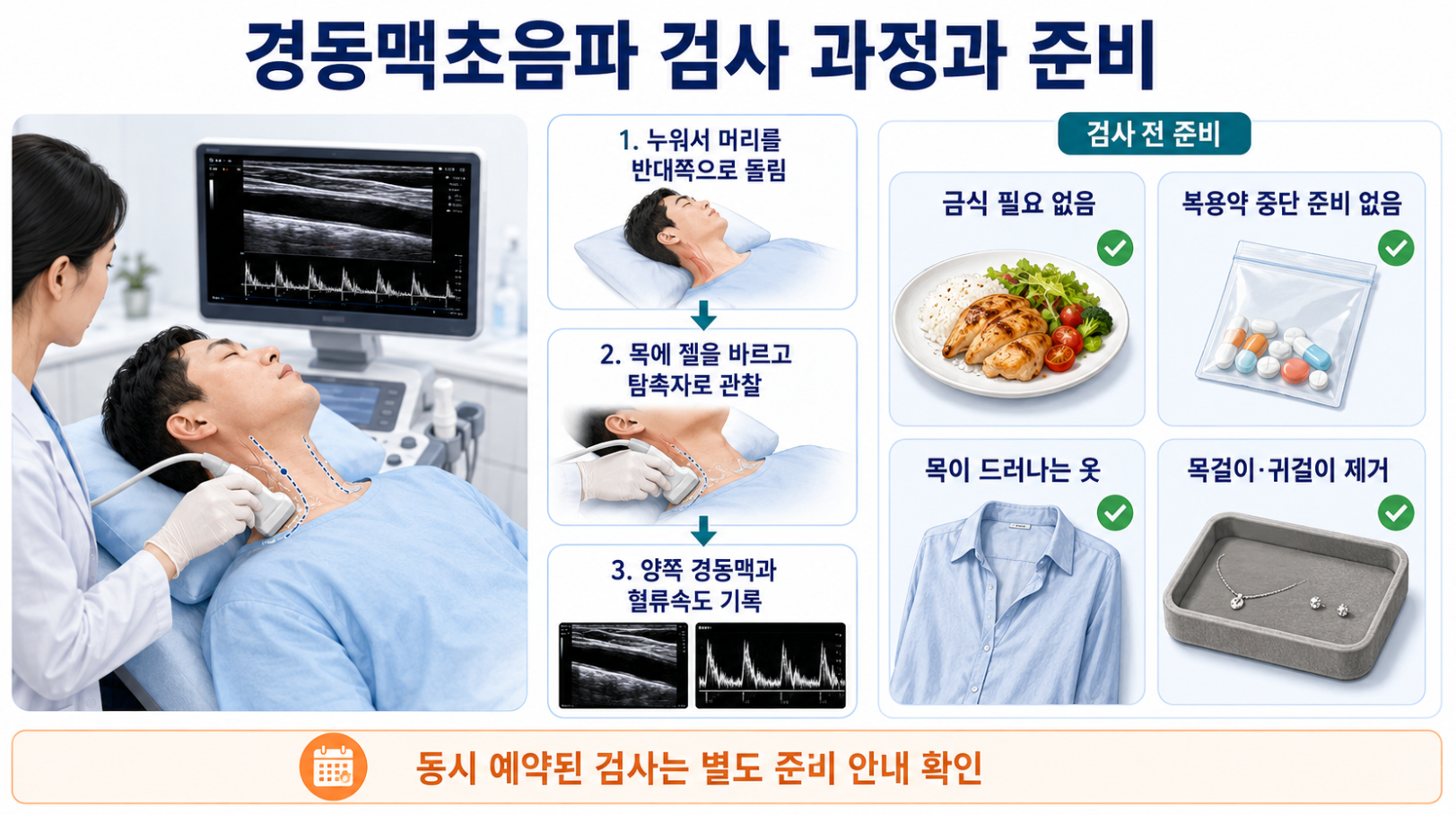 경동맥초음파 환자 자세와 검사 진행 과정 금식 복용약 옷 장신구 준비사항