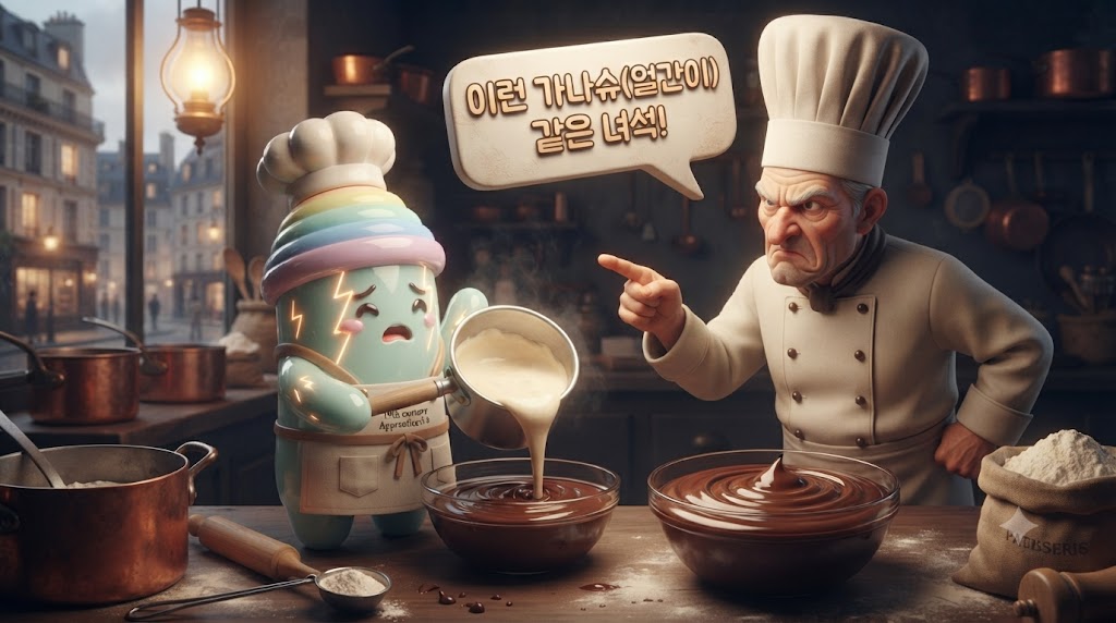19세기 파리의 어느 어둑한 파티스리, 입체적인 3D 견습생 쫀쿠가 뜨거운 크림을 초콜릿 위에 쏟고 당황해하고 있습니다. 화난 마스터 파티시에가 달려와 "가나슈(얼간이)!"라고 소리치는 모습이 말풍선으로 표현되었습니다. 그 옆으로는 실수로 탄생한 윤기 있고 부드러운 가나슈 혼합물이 담긴 그릇이 놓여 있습니다.