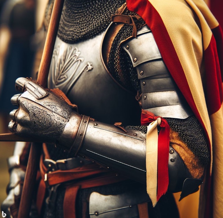 중세 시대의 기사의 갑옷 소매에 리본을 매달아 놓은 모습