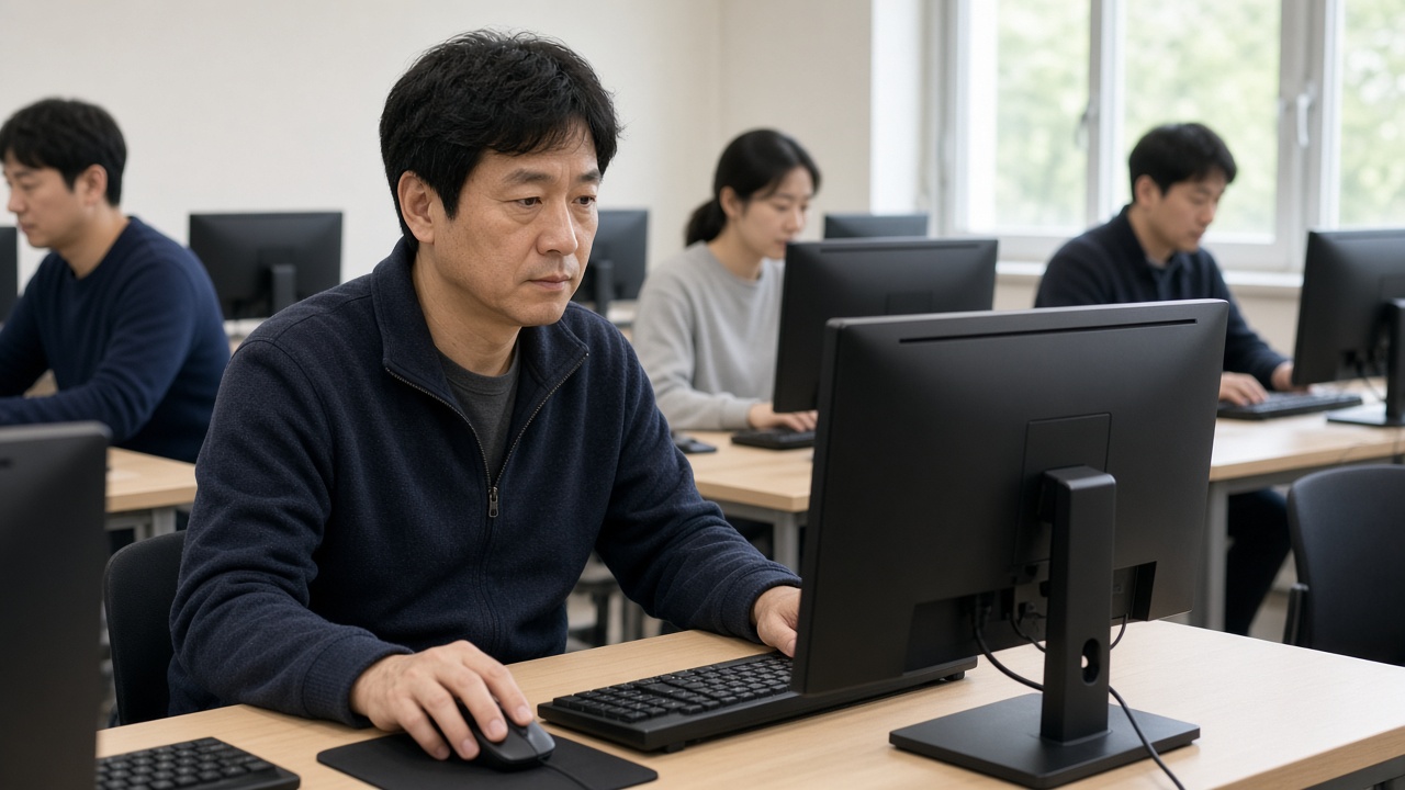 학원 실습실에서 컴퓨터 실습을 하는 40대 한국인 남성 수강생