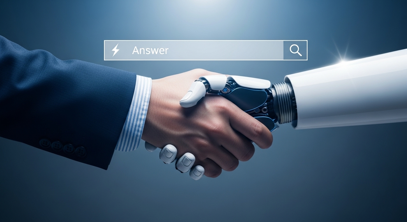 AI와 인간이 악수하는 모습으로, AEO 시대의 새로운 콘텐츠 전략을 표현한 이미지