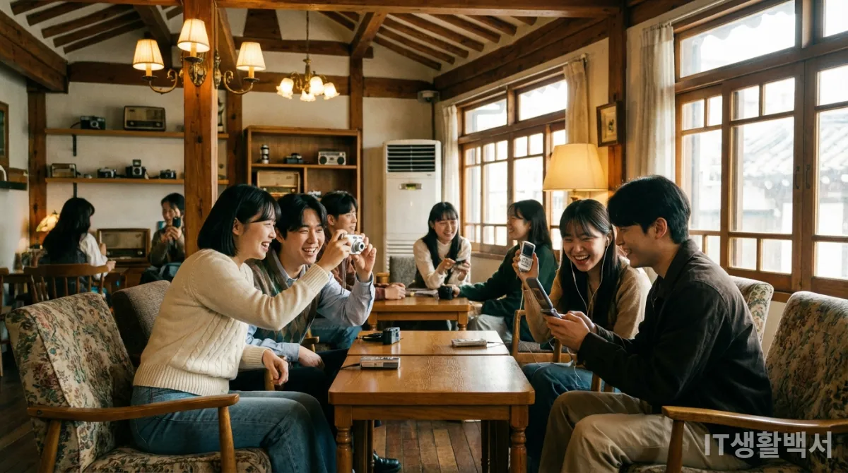 서울의 레트로 카페에서 구형 디지털 기기를 사용하는 젊은 한국인들
