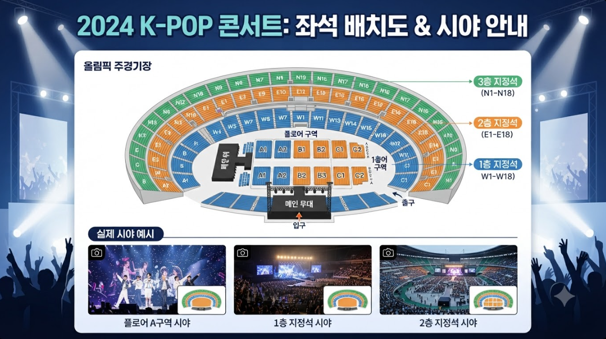 콘서트 경기장 장내 좌석 배치도 및 관람 시야 예시 사진