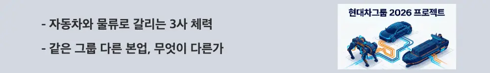 현대차그룹주 사업구조: ’자동차와 물류로 갈리는 3사 체력'이라는 문구가 포함된 웹배너 이미지. 이 이미지는 현대차·기아의 완성차와 현대글로비스의 물류 본업 차이를 시각적으로 전달하며, 블로그의 현대차그룹주 사업 구조 비교와 관련된 내용을 설명함