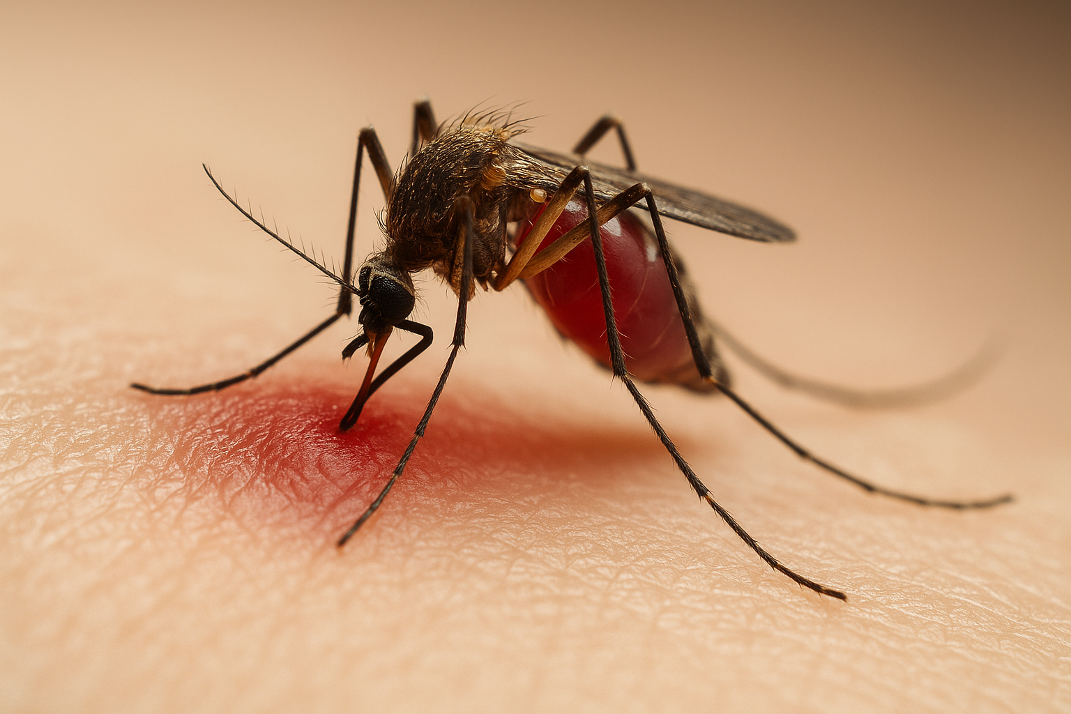 피부에 모기가 흡혈 중인 장면의 고해상도 클로즈업 – 붉어진 물린 자국과 모기의 디테일한 형태가 강조됨