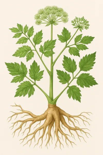 당귀 뿌리와 잎 일러스트