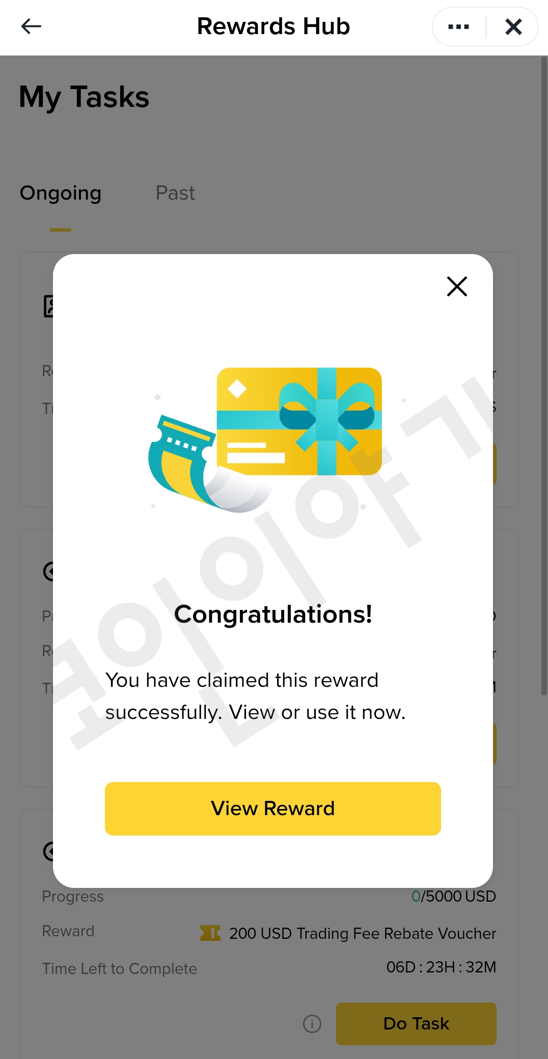 바이낸스 리워드 허브에서 USDT 트레이딩 수수료 리베이트 바우처를 성공적으로 수령한 팝업 화면