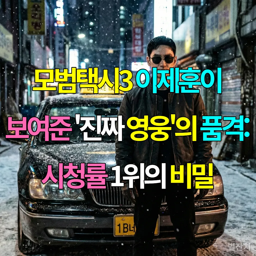 2026년 서울의 밤거리를 배경으로 모범택시 앞에 서 있는 김도기(이제훈)의 카리스마 넘치는 모습
