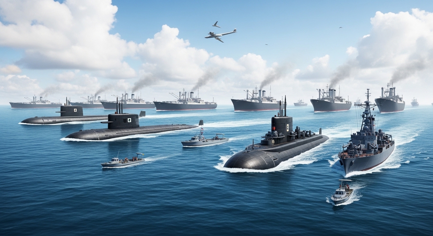Majestic scene of submarines and warships escorting on the sea, with numerous merchant ships lining up behind them.